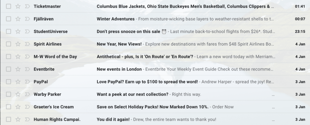 Screenshot of an email inbox displaying various types of email subject lines.