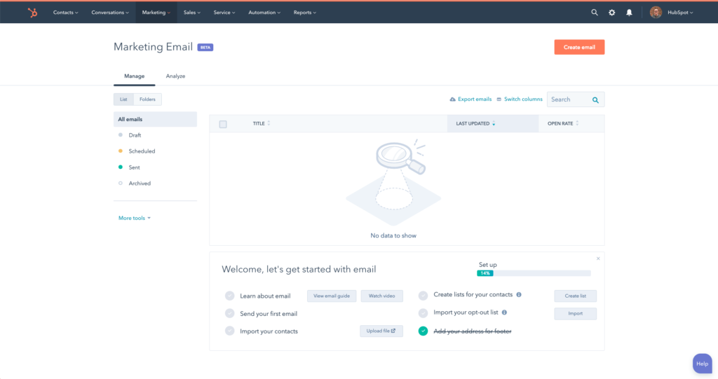 HubSpot interface for creating a marketing email